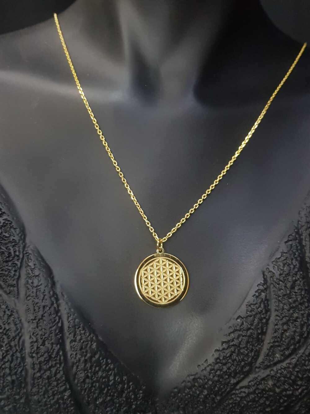 Kadın Gümüş Kolye - Sri Yantra V Yaşam Çiçeği Gold Renk 925 Ayar Çift Yönlü Kolye