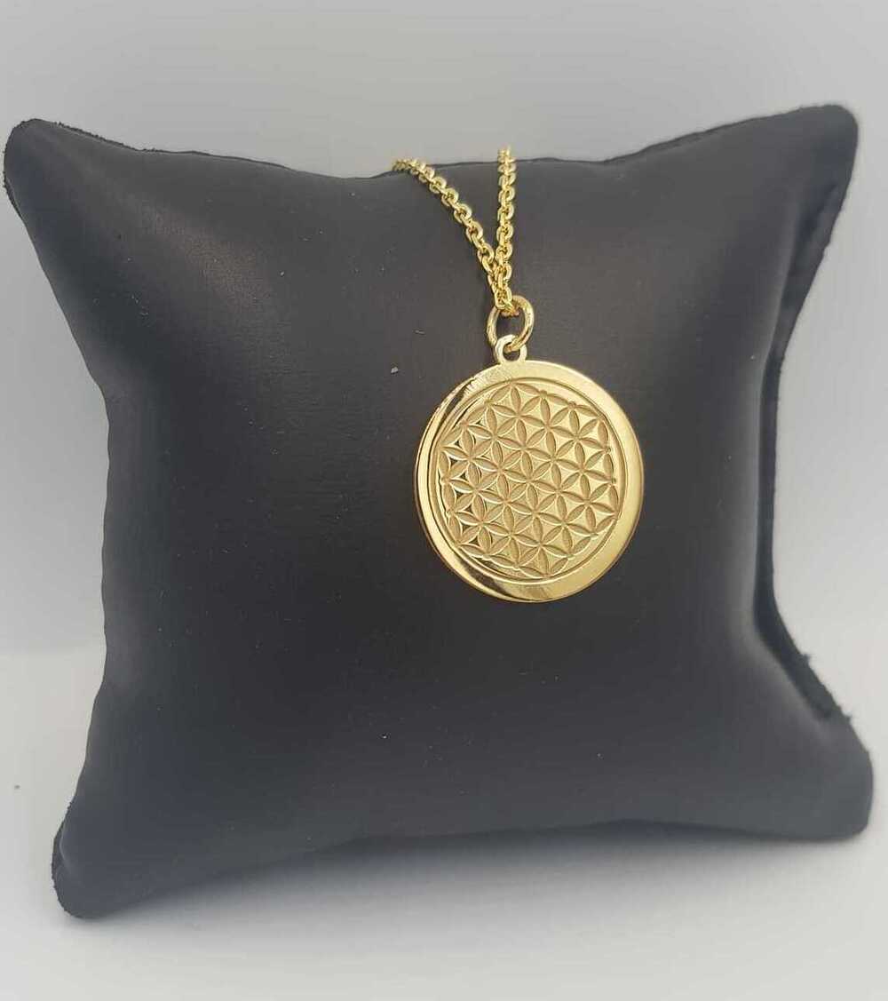 Kadın Gümüş Kolye - Sri Yantra V Yaşam Çiçeği Gold Renk 925 Ayar Çift Yönlü Kolye