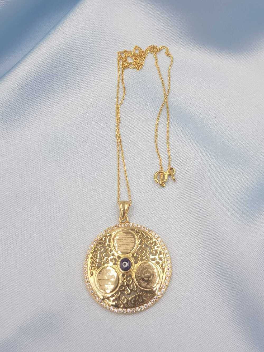 Vog Ayetel Kürsi, Nazar Ve Kıtmir Dualı Nazar Boncuklu 925 Ayar Sarı Renk Gümüş Kolye