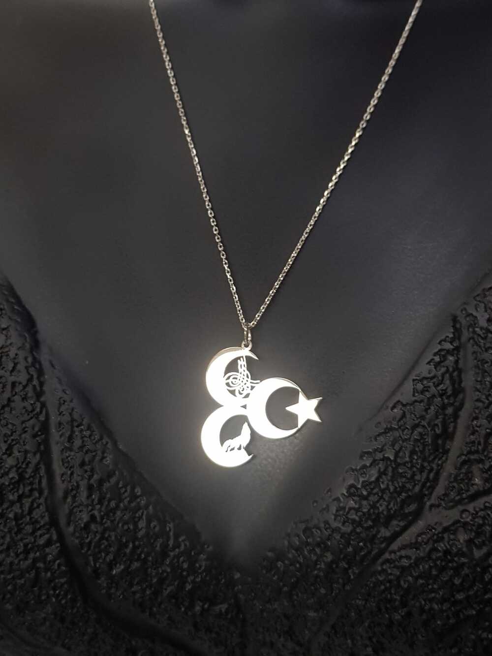 Vog Unisex Üç Hilal Tuğra,Kurt V Ay Yıldız 925 Ayar Gümüş Sevgiliye,Anneye,Arkadaşa Hediye Kolye