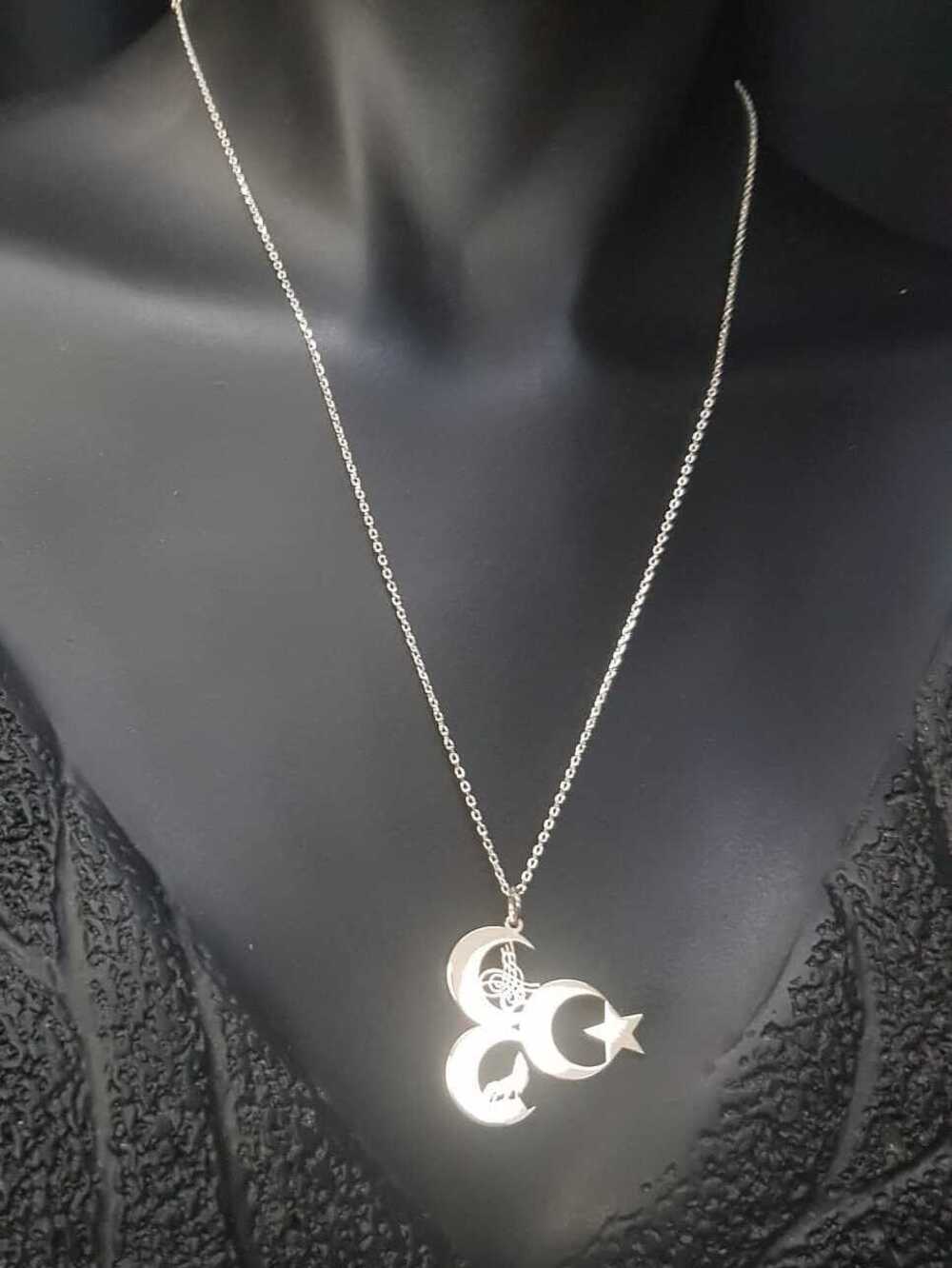Vog Unisex Üç Hilal Tuğra,Kurt V Ay Yıldız 925 Ayar Gümüş Sevgiliye,Anneye,Arkadaşa Hediye Kolye