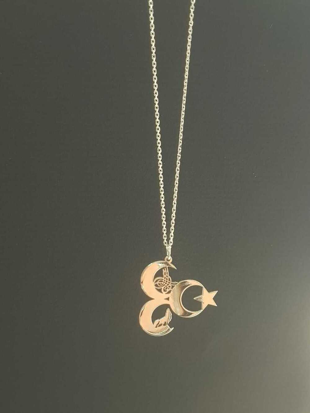 Vog Unisex Üç Hilal Tuğra,Kurt V Ay Yıldız 925 Ayar Gümüş Sevgiliye,Anneye,Arkadaşa Hediye Kolye