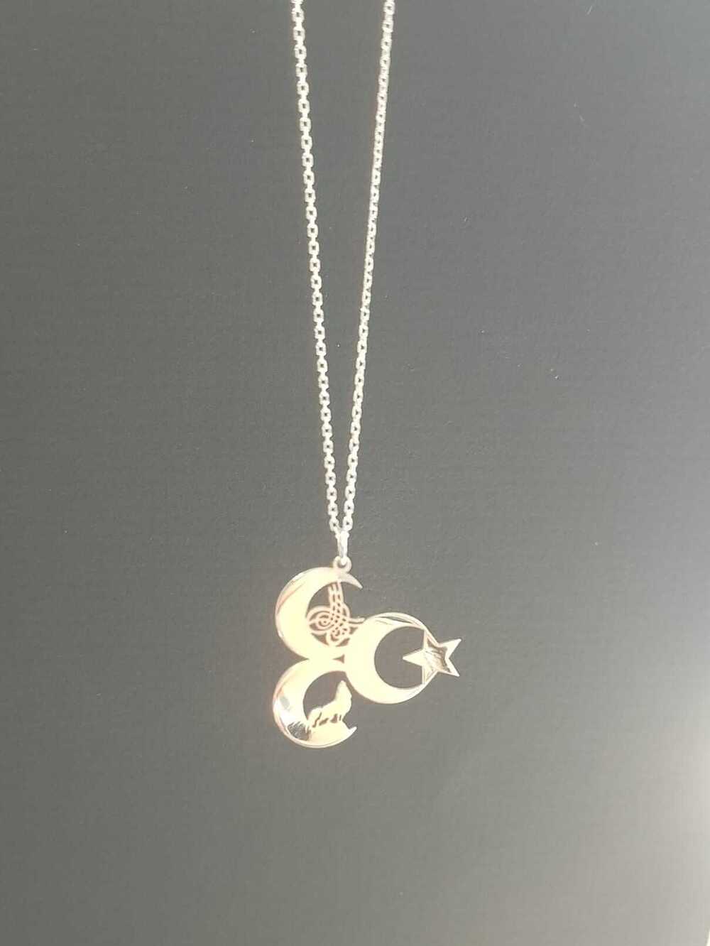 Vog Unisex Üç Hilal Tuğra,Kurt V Ay Yıldız 925 Ayar Gümüş Sevgiliye,Anneye,Arkadaşa Hediye Kolye