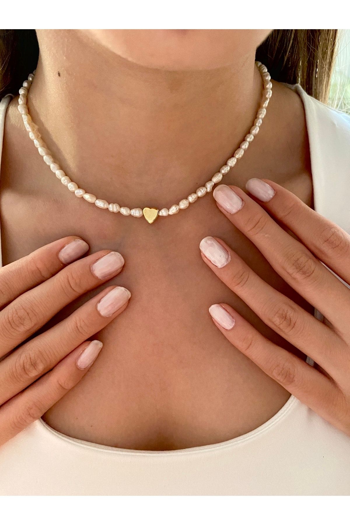Gerçek 3 Mm Kum Arpa Inci Kalpli 925 Ayar Gümüş Sevgiliye,Anneye,Arkadaşa Kolye,Choker