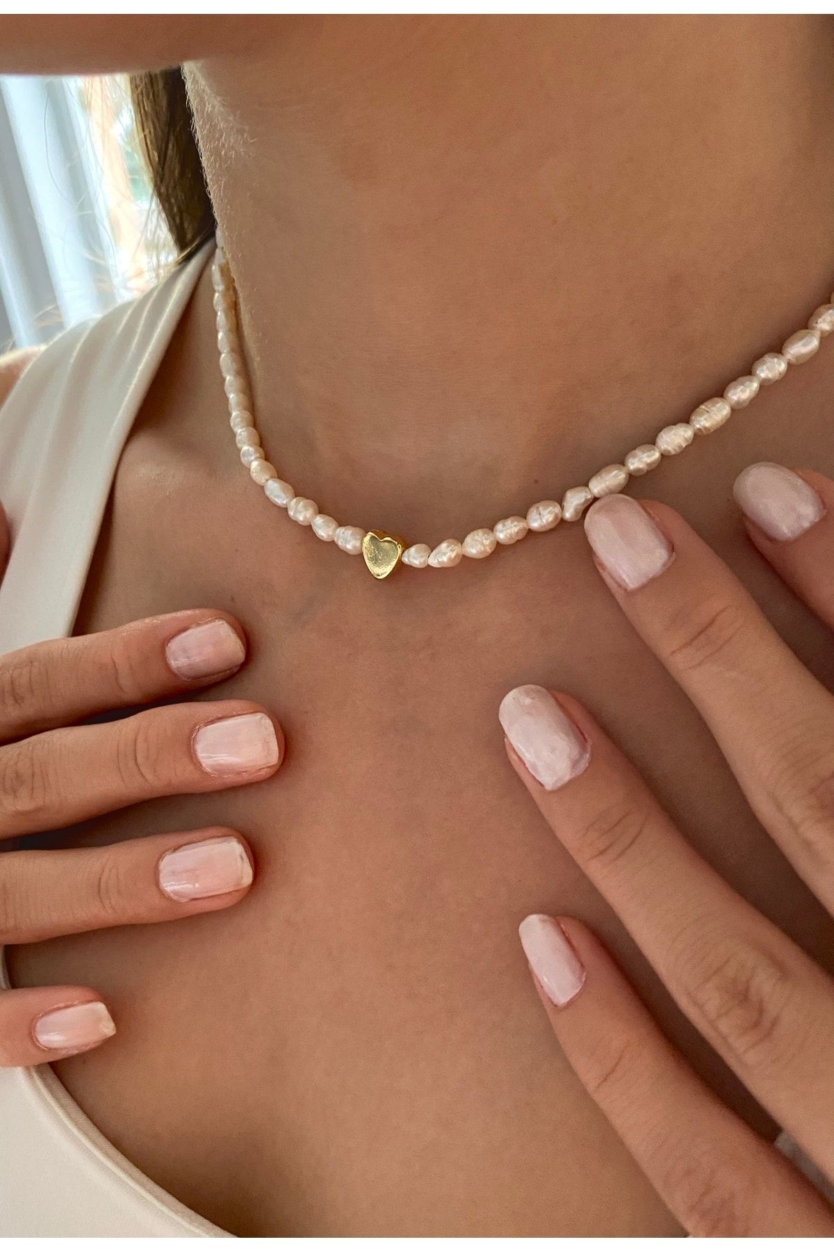 Gerçek 3 Mm Kum Arpa Inci Kalpli 925 Ayar Gümüş Sevgiliye,Anneye,Arkadaşa Kolye,Choker
