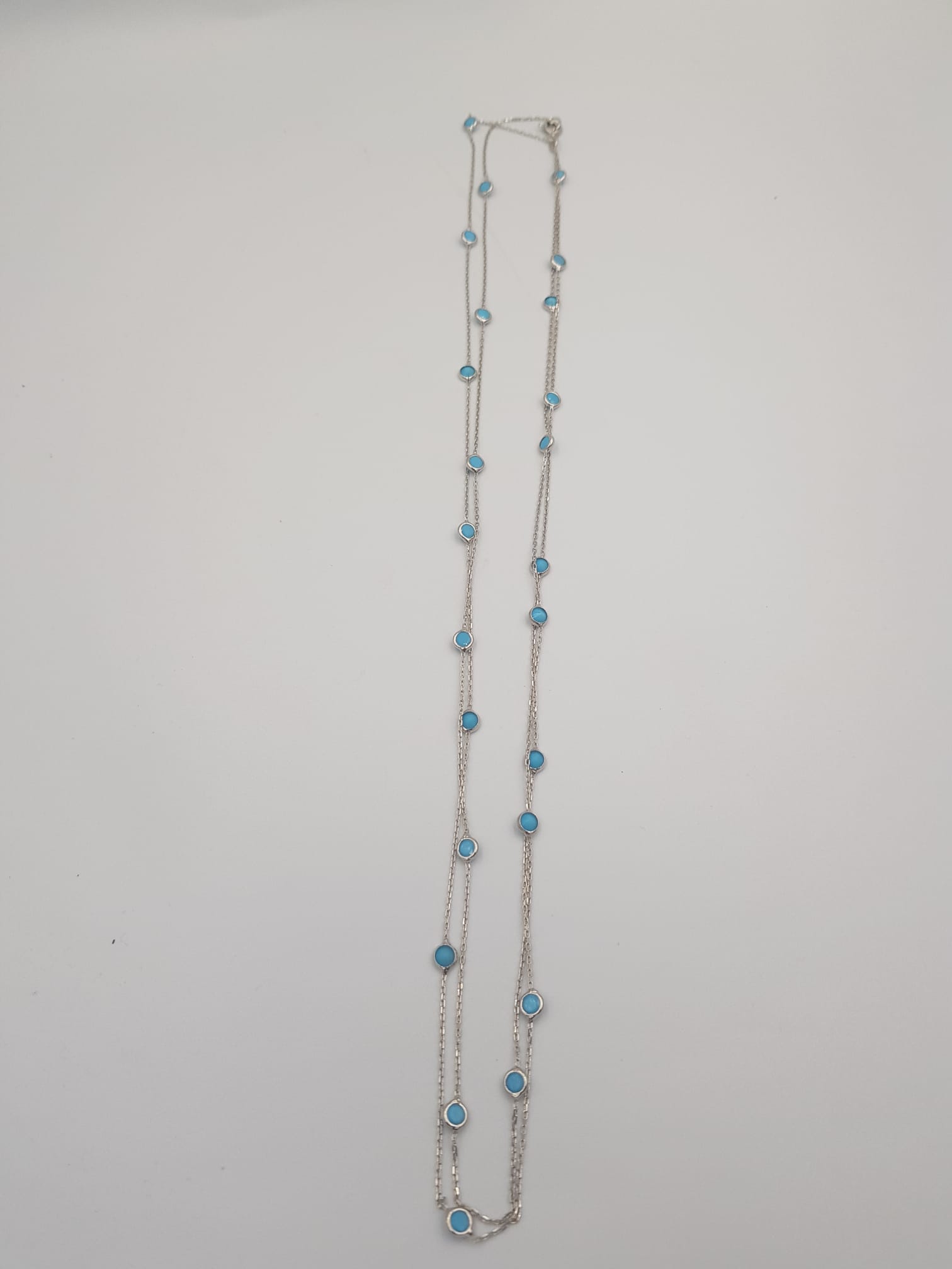 Vog Firüze Taşlı Uzun Boy 112 Cm Beyaz Renk 925 Ayar Gümüş Kolye 