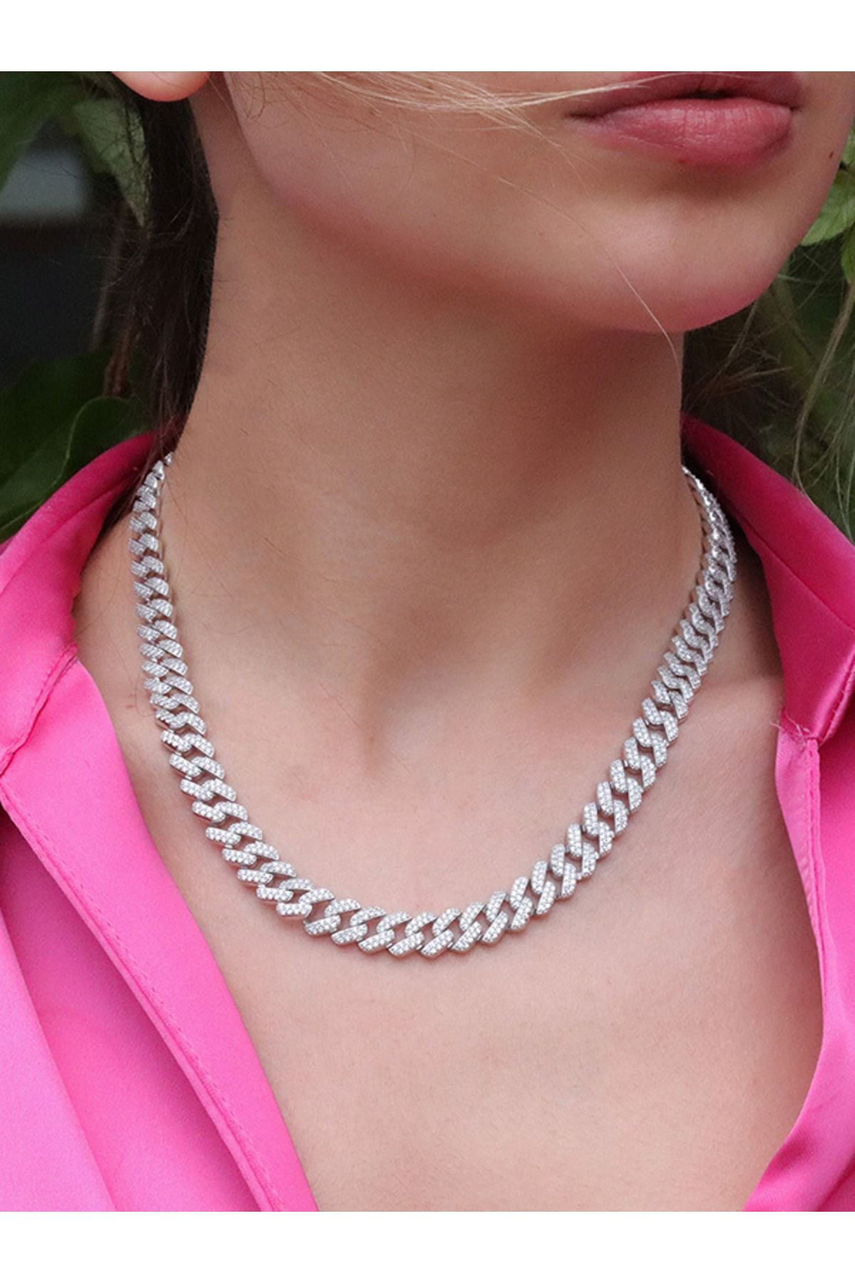 Vog Lüks Zirconia Taşlı Cuban Chain Zincir 925 Ayar Gümüş Rhodium Kaplama Kolye