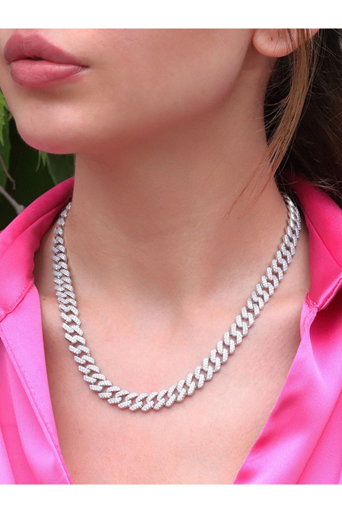 Vog Lüks Zirconia Taşlı Cuban Chain Zincir 925 Ayar Gümüş Rhodium Kaplama Kolye