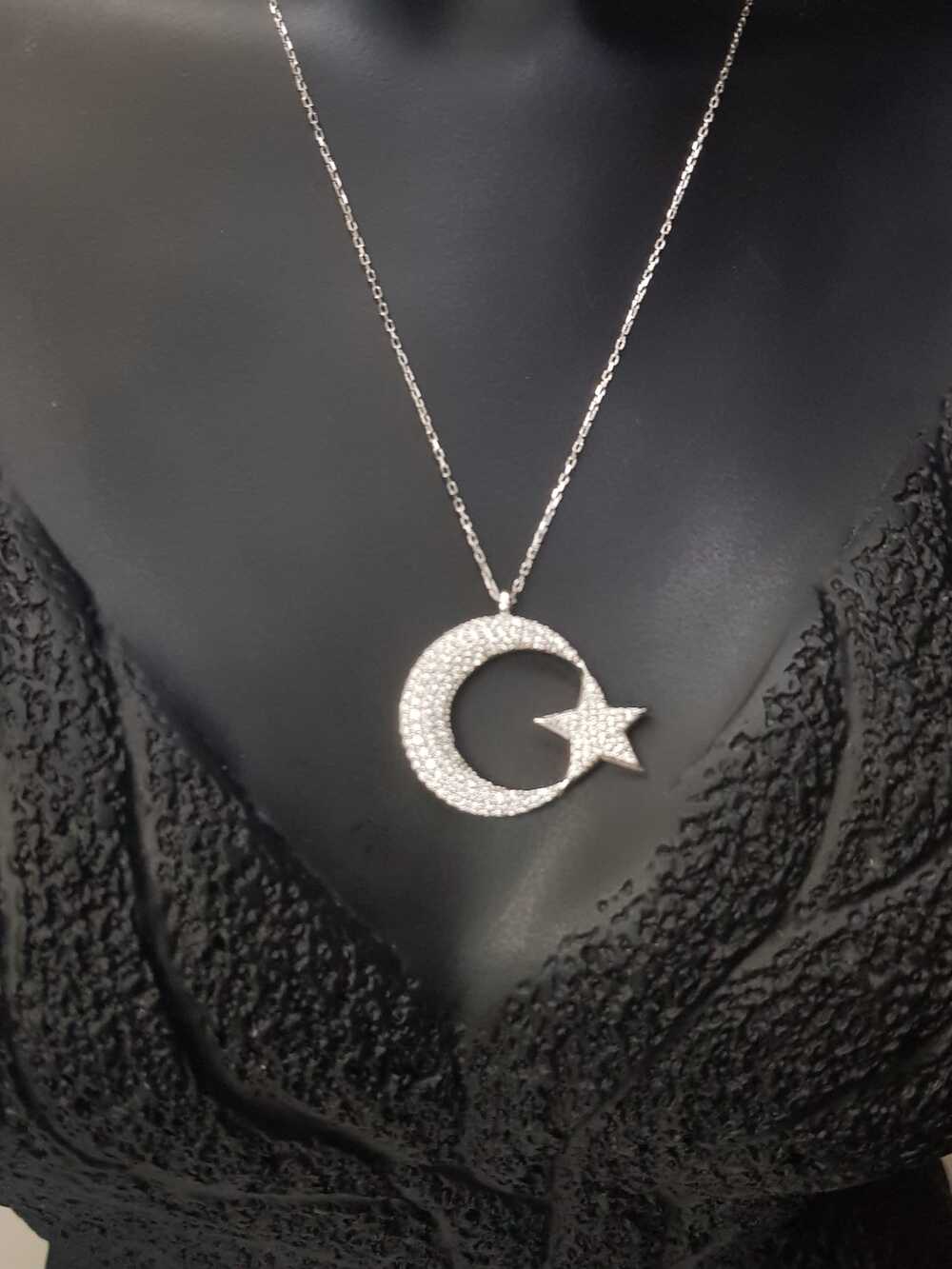 Ay Yıldız Türk Bayrağı Zirconia Taşlı 925 Gümüş • Sevgiliye • Eşe • Anneye Hediye Kolye
