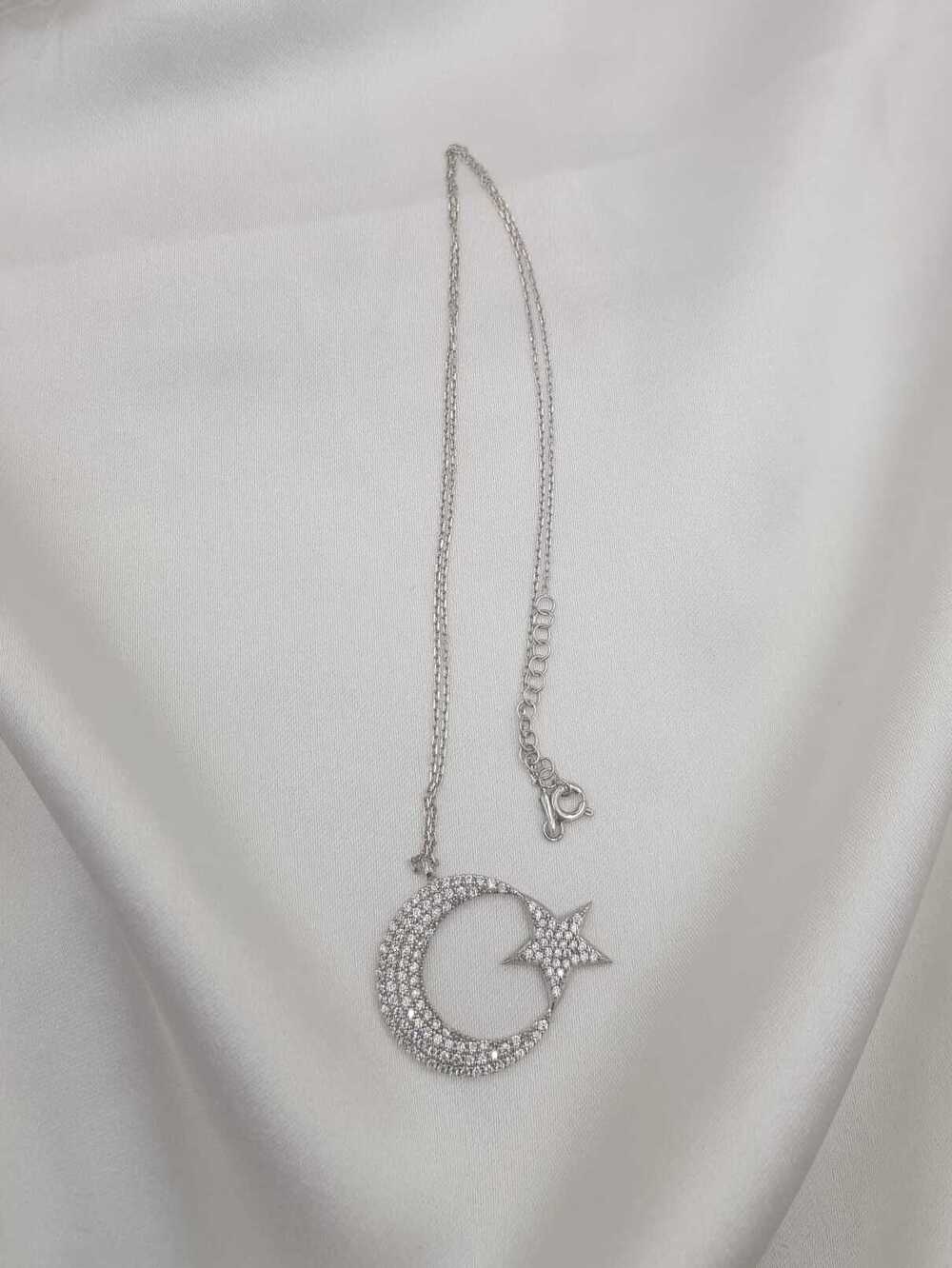 Ay Yıldız Türk Bayrağı Zirconia Taşlı 925 Gümüş • Sevgiliye • Eşe • Anneye Hediye Kolye