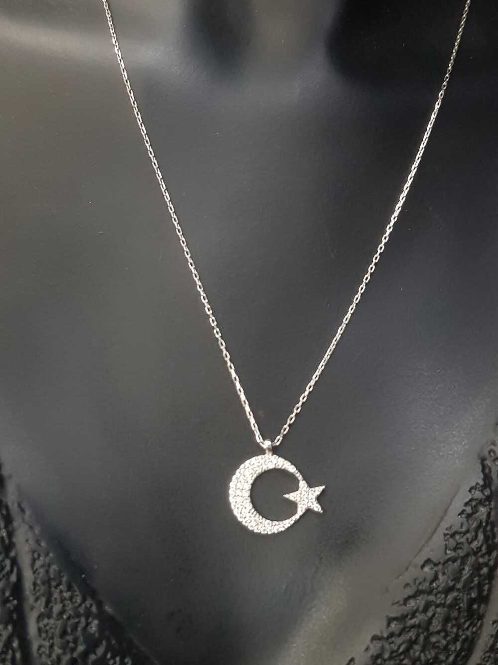 Vog Zirconia Taşlı Ay Yıldız Türk Bayrağı (2)925 Ayar Gümüş Sevgiliye,Anneye,Arkadaşa Hediye Kolye