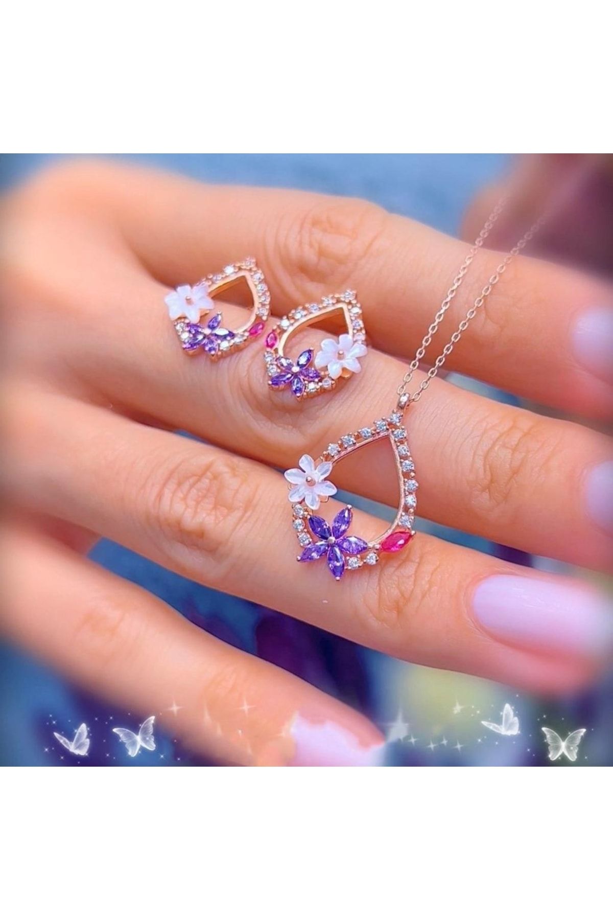 Vog Manolya Çiçeği Ametist Damlası Rose Renk Flowers 925 Ayar Gümüş Ikili Set