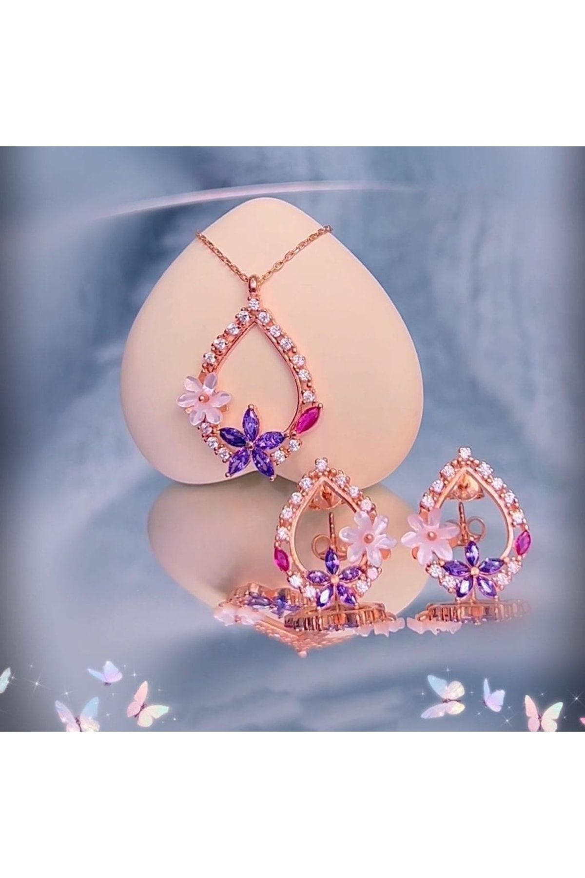 Vog Manolya Çiçeği Ametist Damlası Rose Renk Flowers 925 Ayar Gümüş Ikili Set