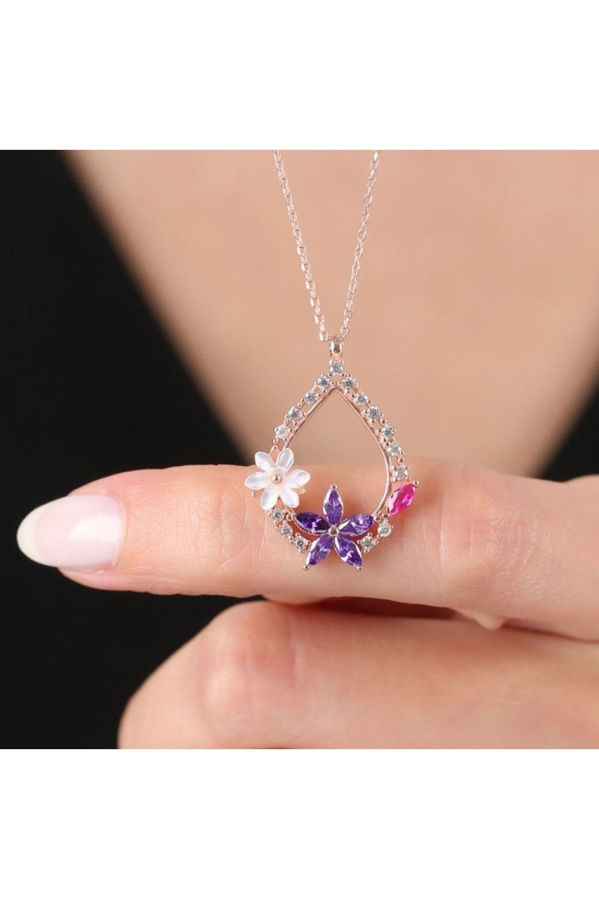 Vog Manolya Çiçeği Ametist Damlası Rose Renk Flowers 925 Ayar Gümüş Ikili Set