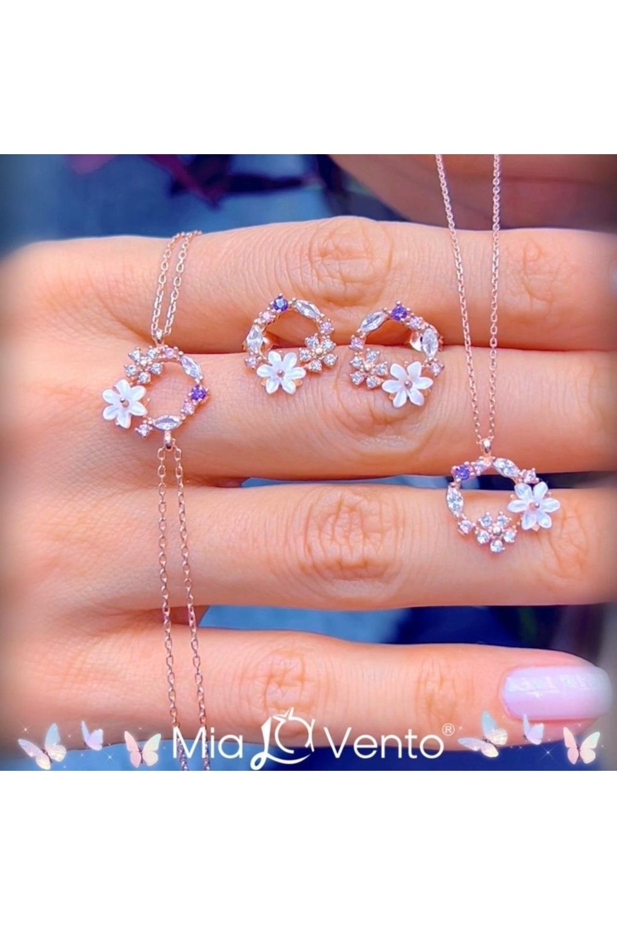 Vog Bahar Bahçesi Manolya Çiçeği Rose Renk Flowers 925 Ayar Gümüş Üçlü Set 
