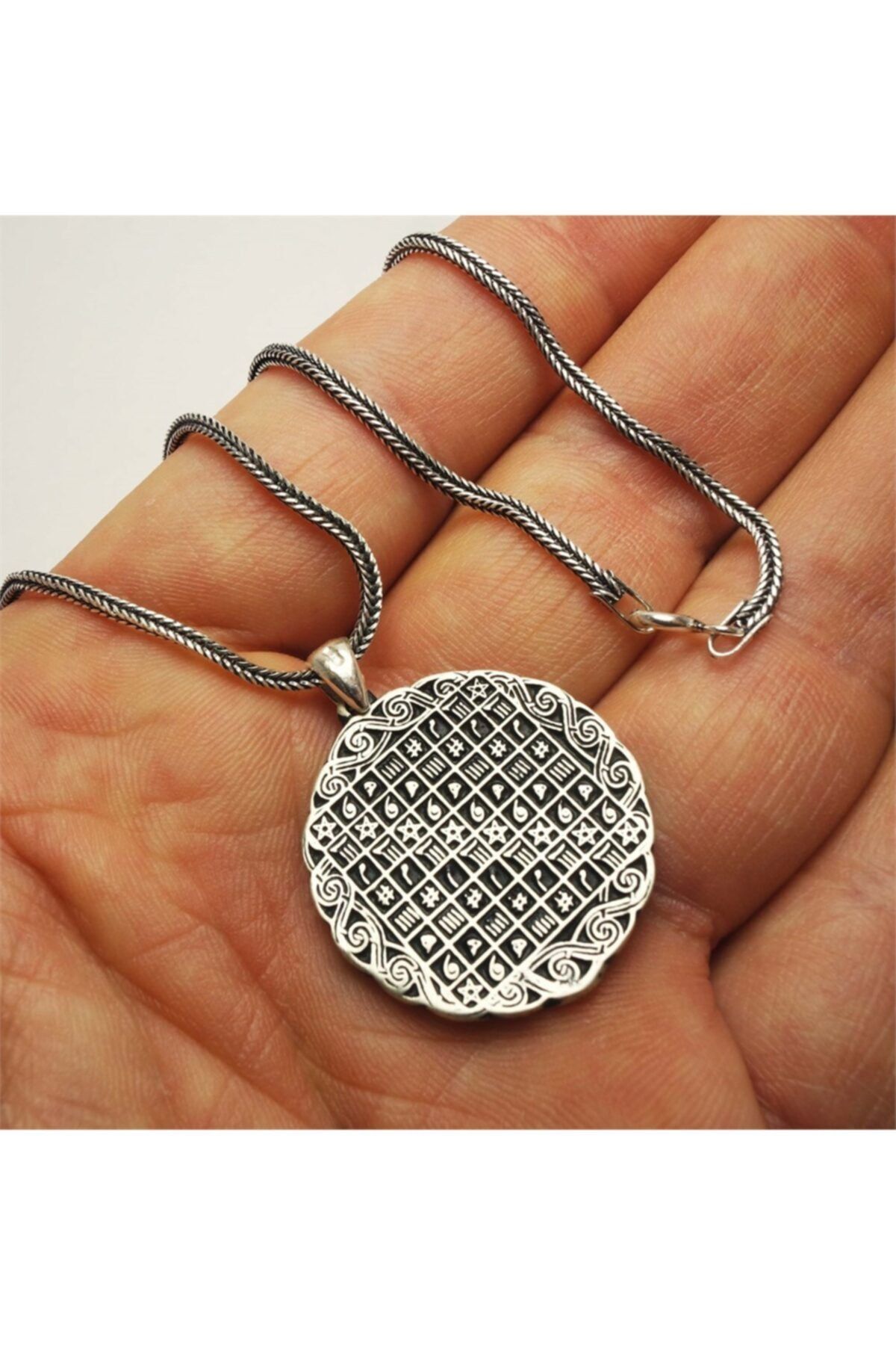 Vog  İsmi Azam Ve Yedi Ayetler Vefki Çift Taraflı Unisex 925 Ayar Gümüş Kolye