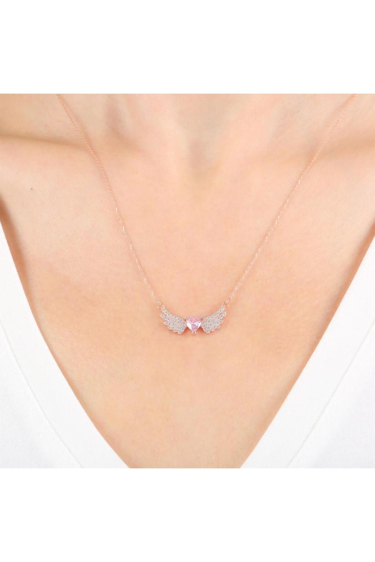 Vog Pırlanta Montür Melek Kalbi Pink Taşlı Rose Renk 925 Ayar Gümüş Kolye 