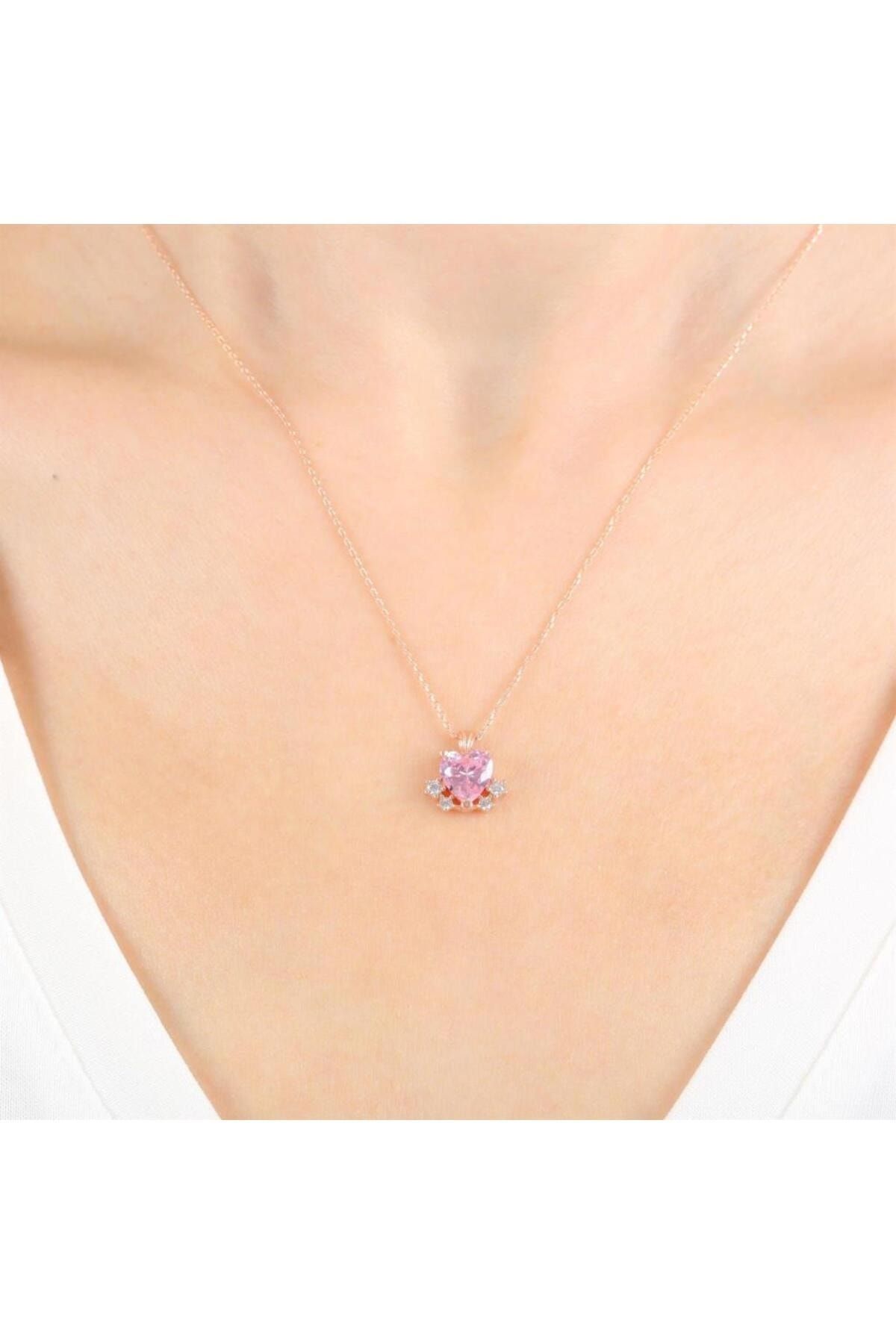 Vog Pink Taşlı Sevgi Tanesi Rose Renk 925 Ayar Gümüş Kolye