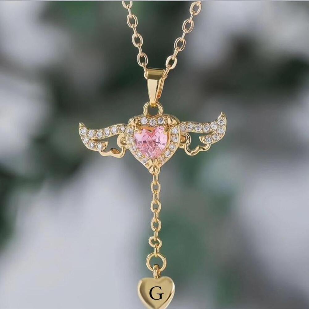 Vog Vip Çelik Pembe Kalp Taşlı Hareketli Melek Kanadı Sevgiliye,Anneye,Arkadaşa Hediye Kolye
