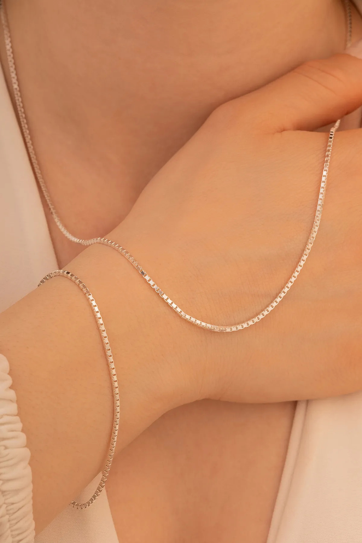 1.5 mm Küp Zincir Bileklik Set Gümüş • Işıklı Kutuda Sevgiliye • Eşe • Babaya • Kolye Bileklik