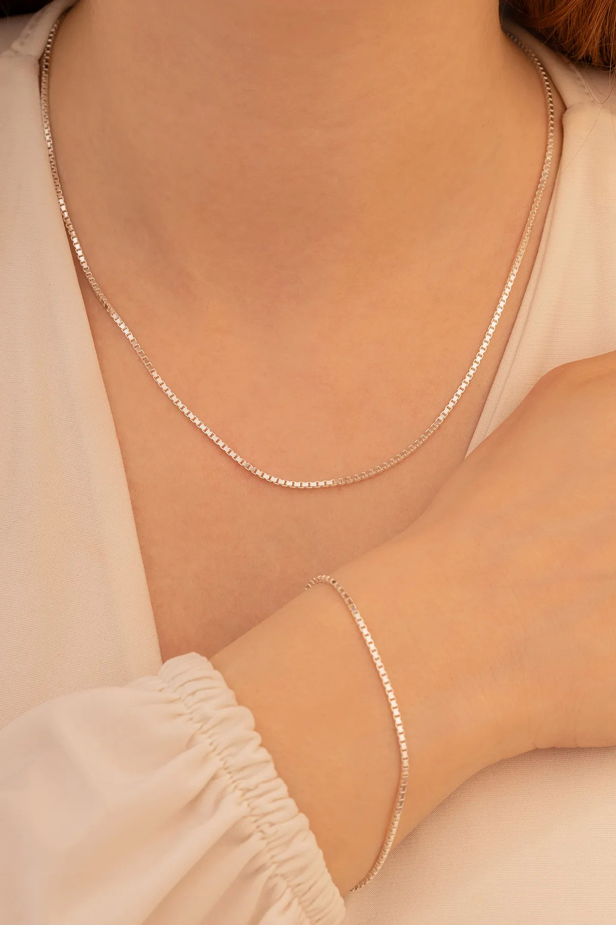 1.5 mm Küp Zincir Bileklik Set Gümüş • Işıklı Kutuda Sevgiliye • Eşe • Babaya • Kolye Bileklik
