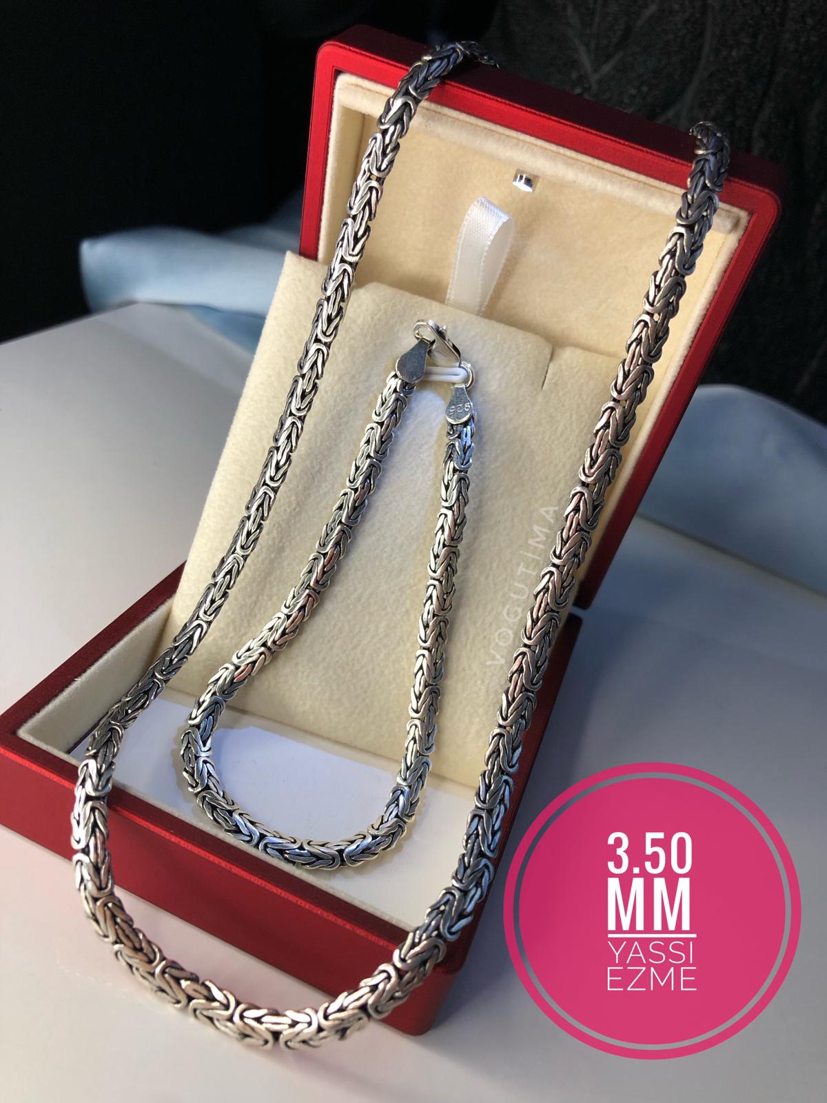 3.5mm Yassı Ezme Kral Model Set 925 Gümüş • Işıklı Kutuda Sevgiliye • Eşe Erkek Kolye Bileklik Set
