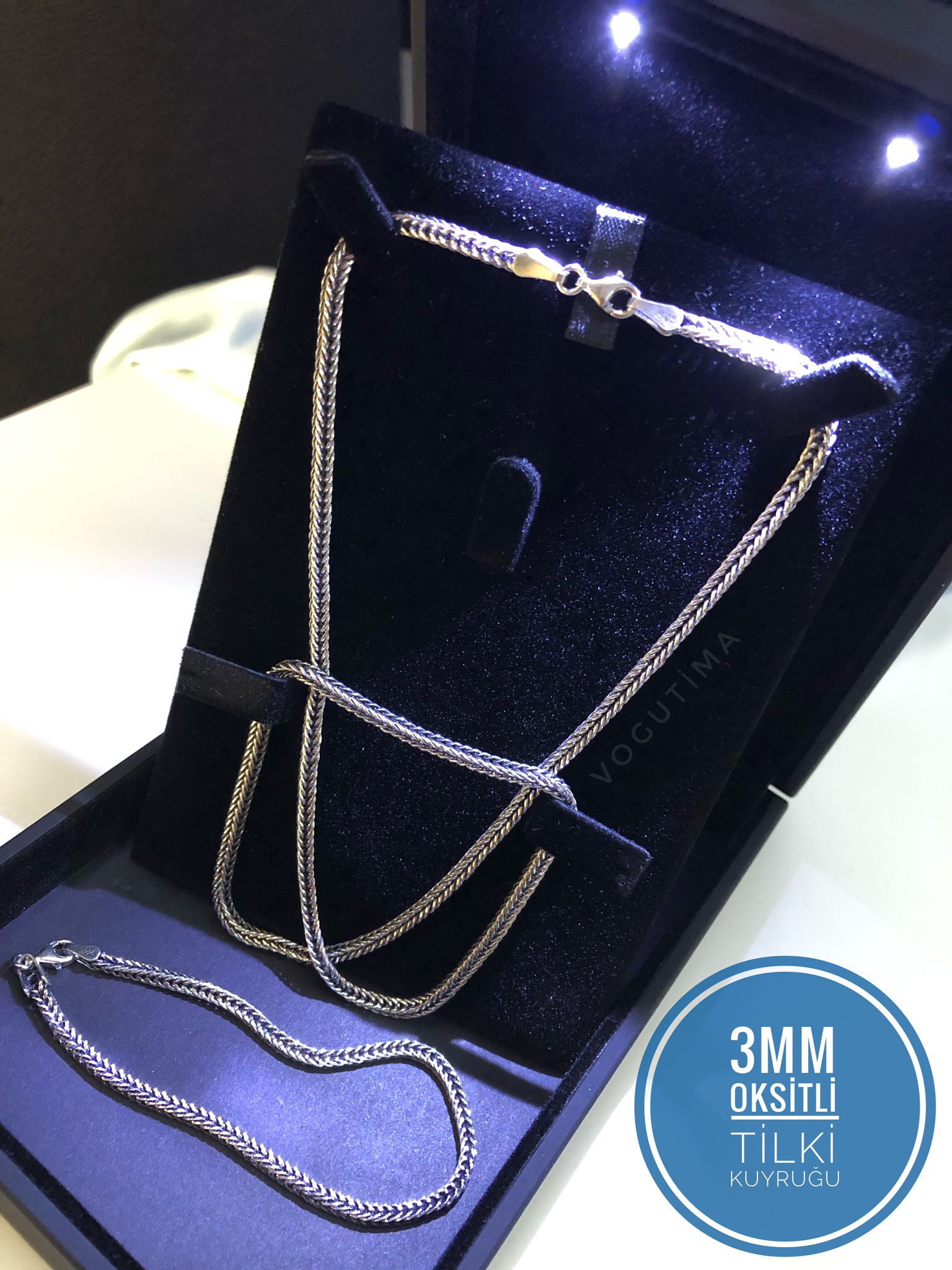 3mm Tilki Kuyruğu Oksitli 925 Gümüş Set • Işıklı Kutuda Sevgiliye • Eşe Kolye Bileklik