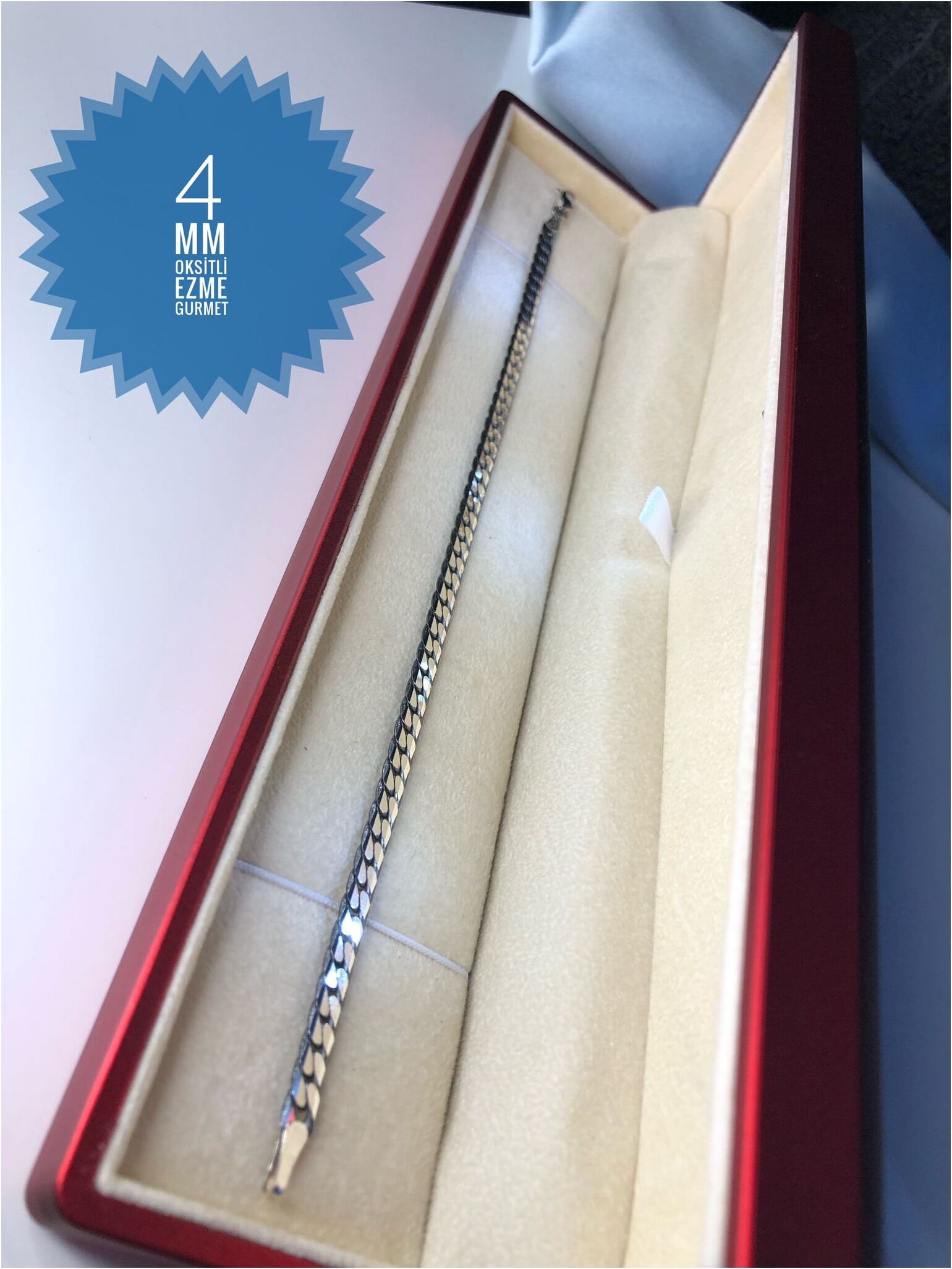 4Mm Oksitli Ezme Gurmet İtaly Erkek 925 Gümüş Bileklik • Işıklı Kutuda Sevgiliye • Eşe Künye
