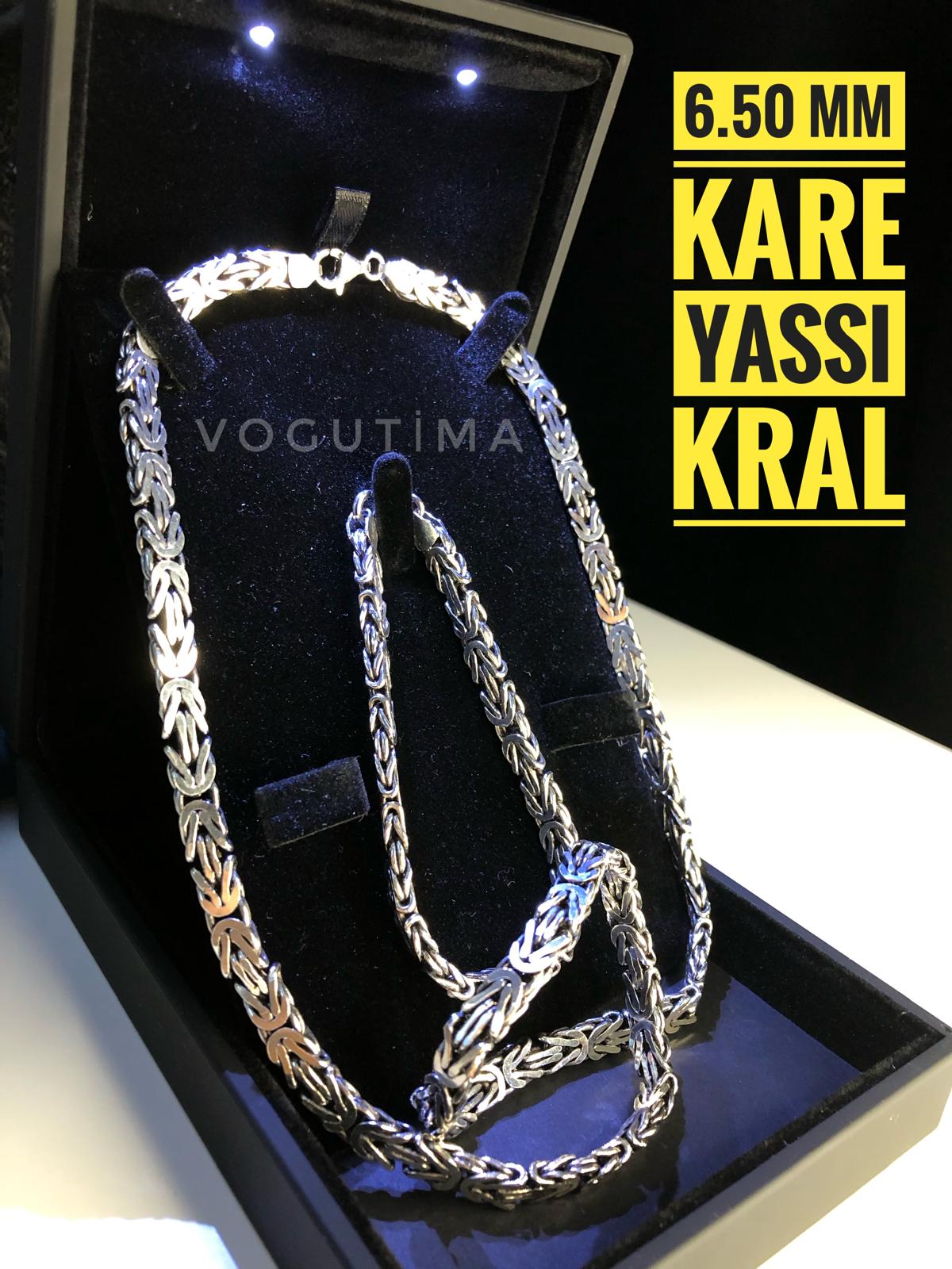 6.5 mm Dikdörtgen Kesim Yassı Kral Gümüş Set • Işıklı Kutuda • Sevgiliye • Eşe Bileklik Kolye