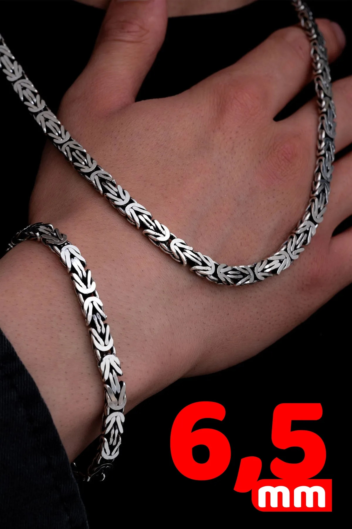6.5 mm Dikdörtgen Kesim Yassı Kral Gümüş Set • Işıklı Kutuda • Sevgiliye • Eşe Bileklik Kolye
