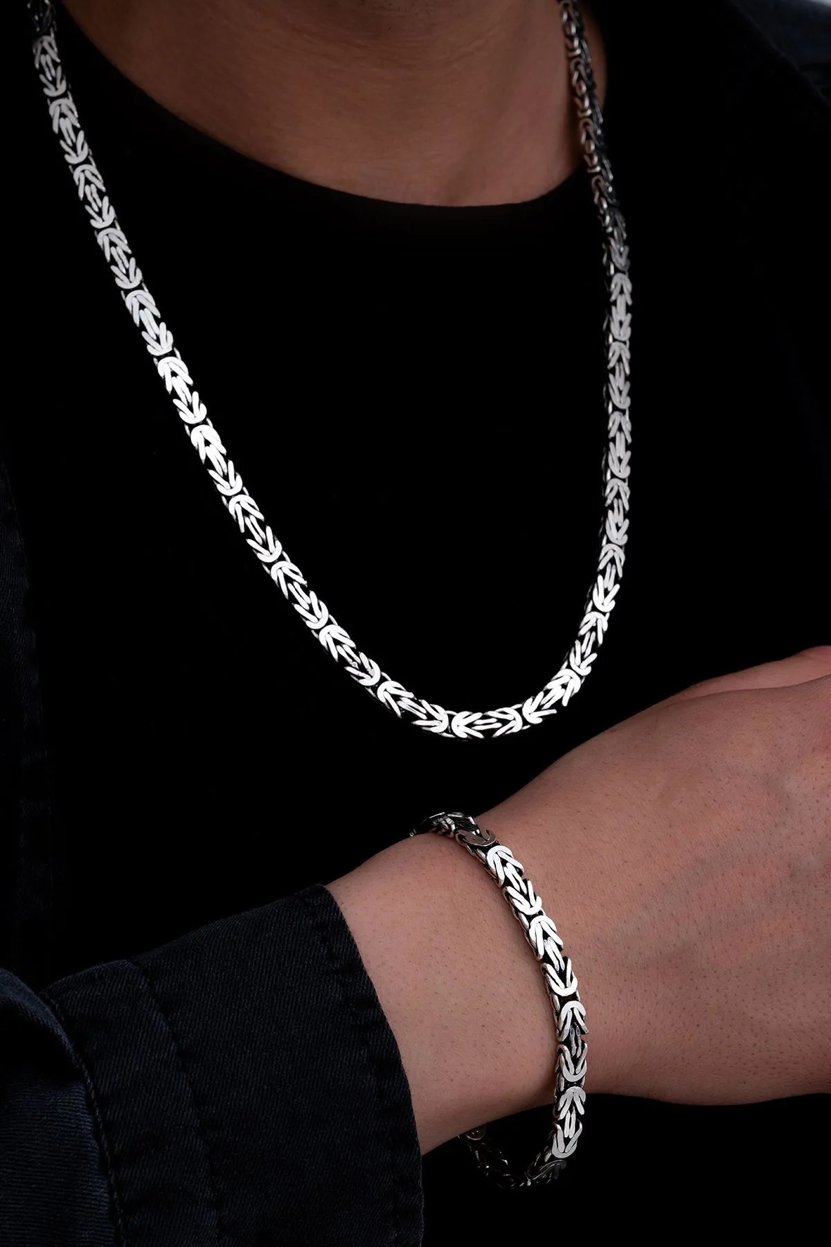 6.5 mm Dikdörtgen Kesim Yassı Kral Gümüş Set • Işıklı Kutuda • Sevgiliye • Eşe Bileklik Kolye