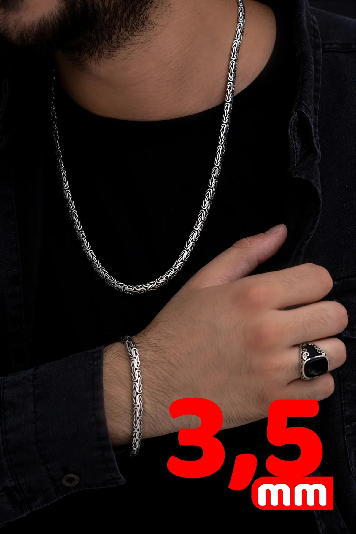 3.5mm Yassı Ezme Kral Model Set 925 Gümüş • Işıklı Kutuda Sevgiliye • Eşe Erkek Kolye Bileklik Set