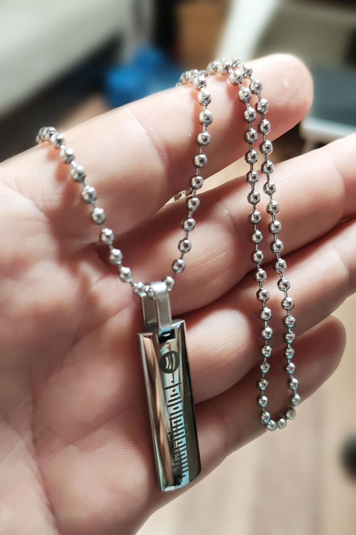 Vog Spotify Şarkı Kodlu Çelik Yassı Çubuk Sevgiliye,Babaya,Eşe,Arkadaşa Hediye Kolye Top Zincir