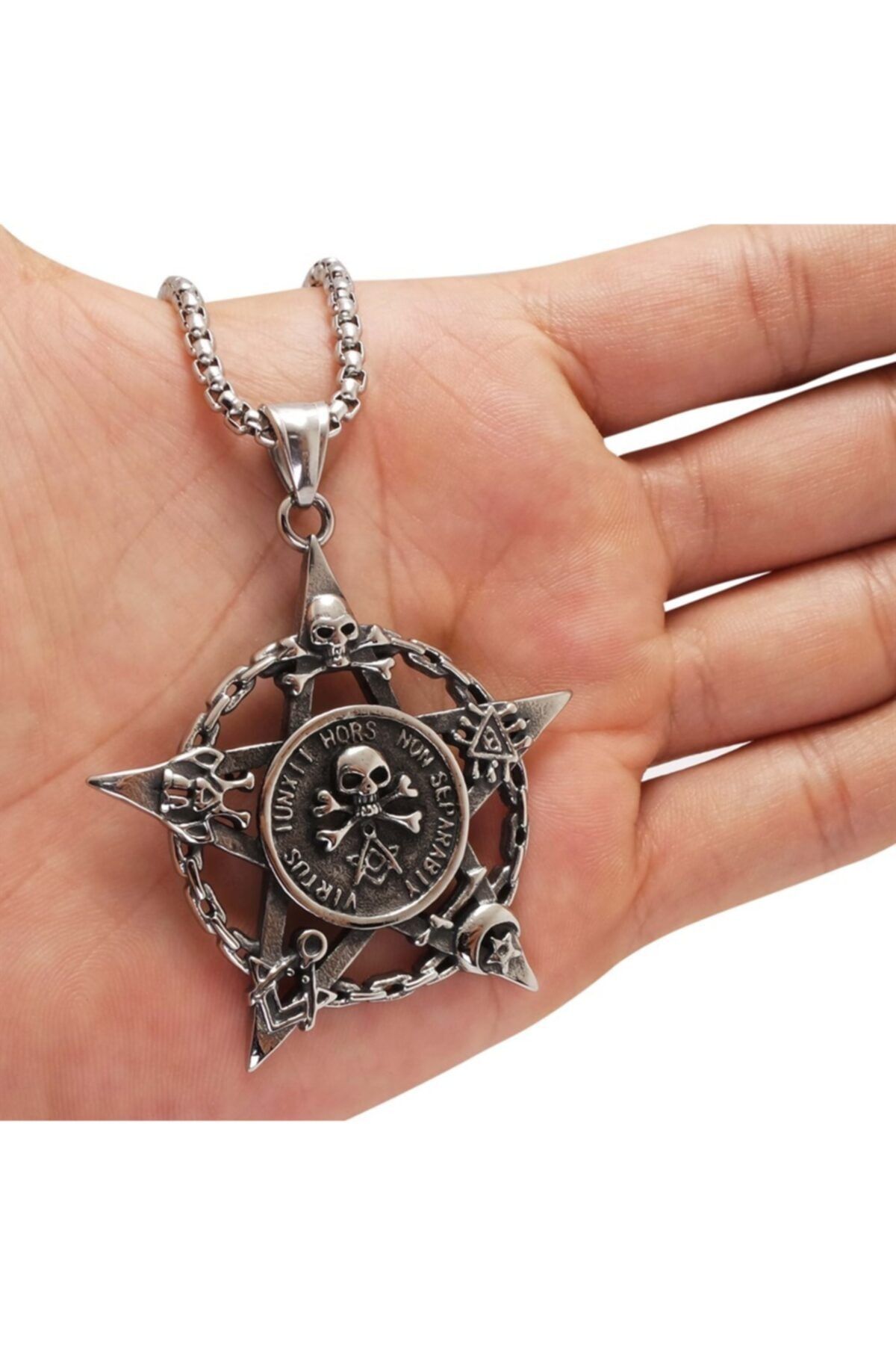 Vog Pentegram Kurukafa Çelik Unisex Sevgiliye - Eşe - Arkadaşa Hediye Kolye Zincir