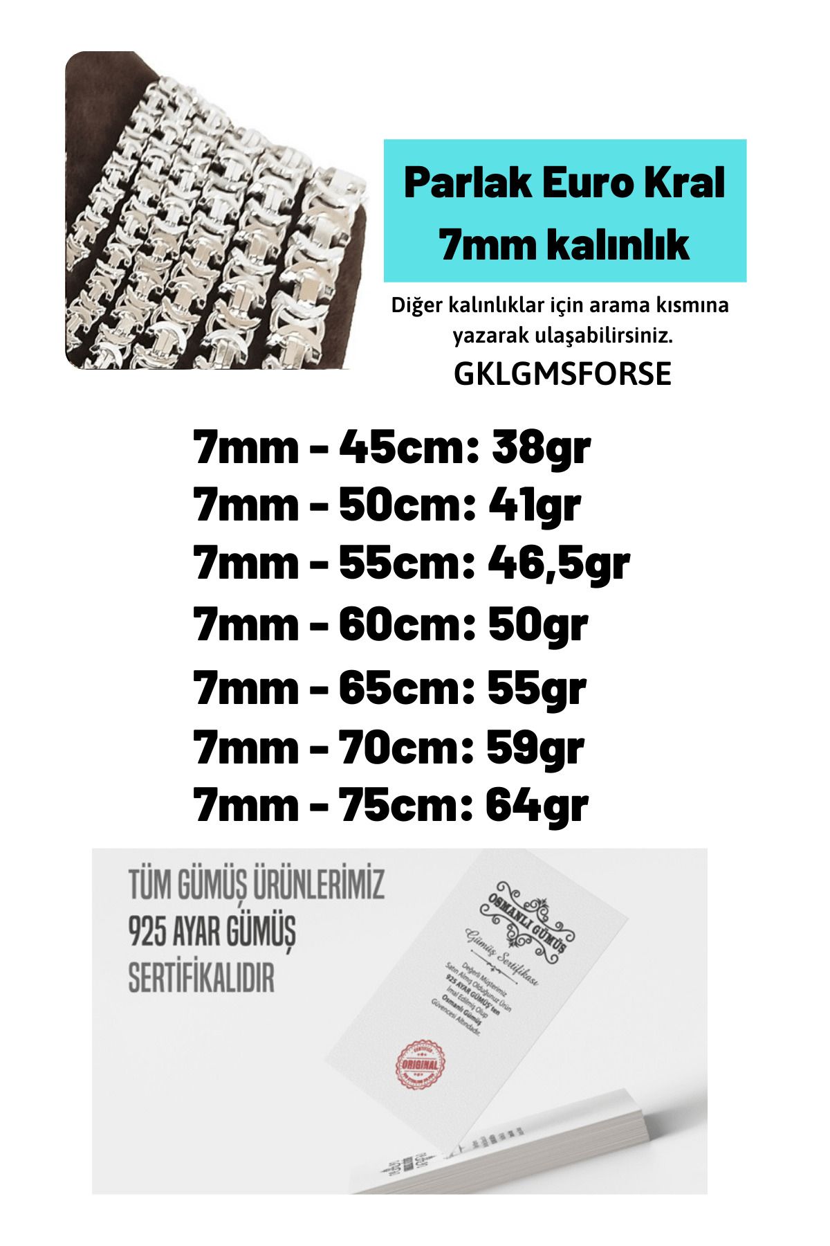 Vog 7mm Parlak Euro Kral Model 925 Ayar Gümüş Sevgiliye,Babaya,Eşe Hediye Kolye Zincir