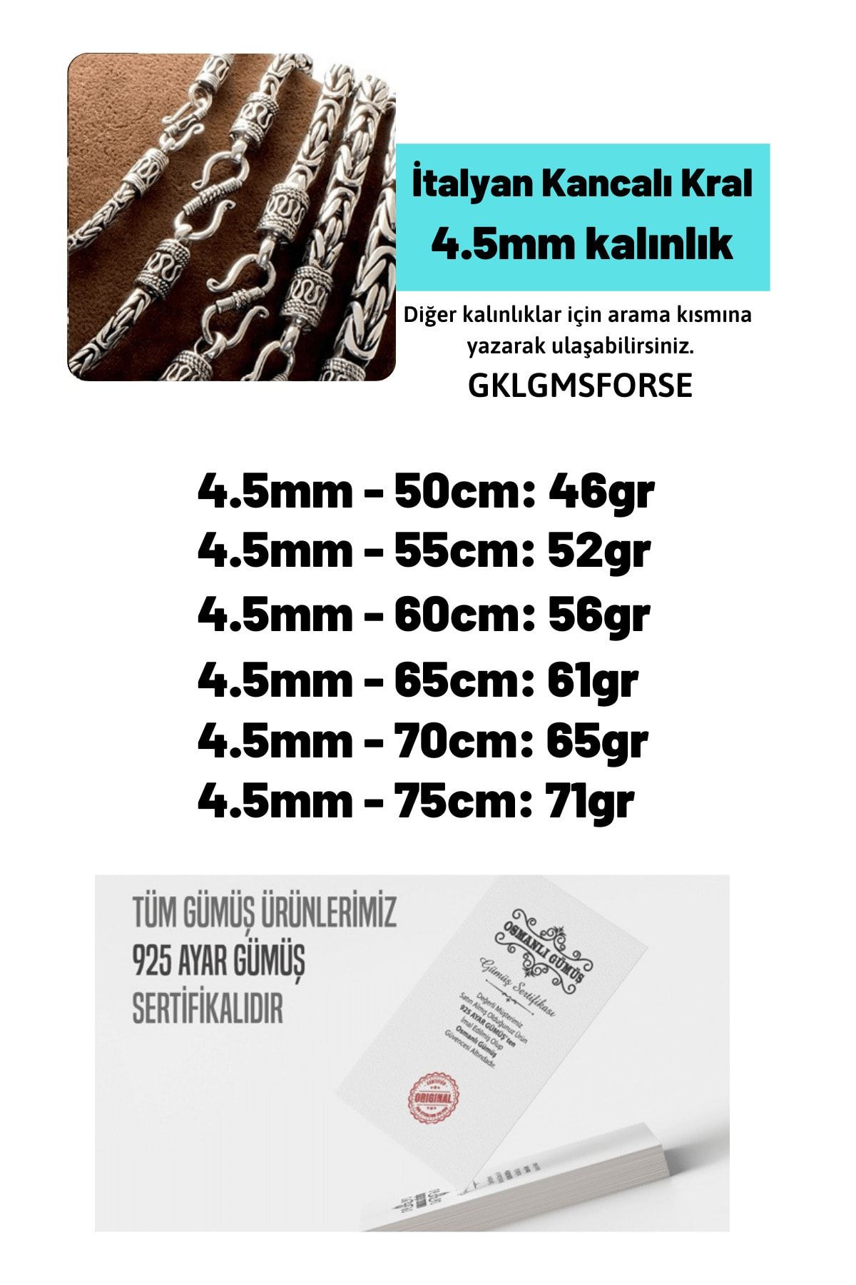 4.5mm Italyan Kancalı Kral Model 925 Ayar Gümüş Kolye Zincir
