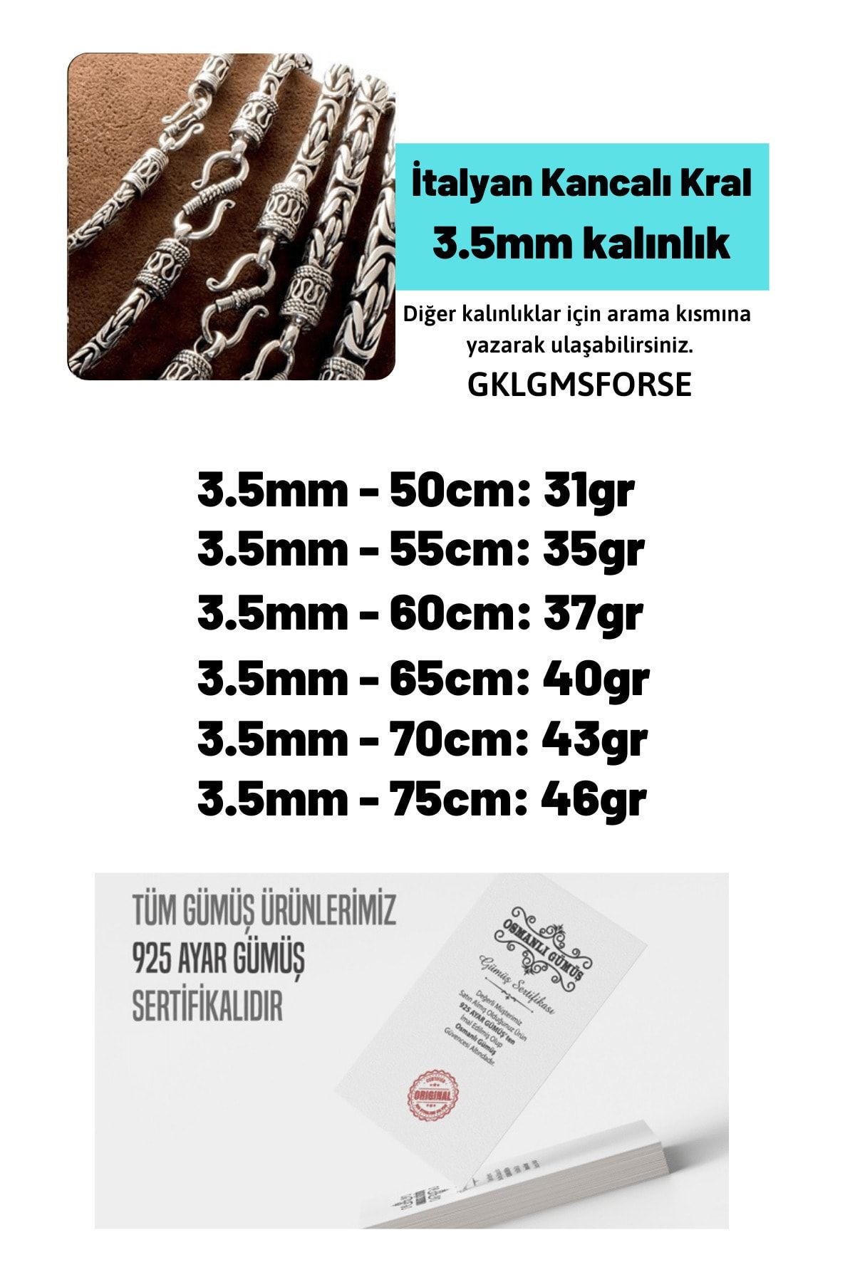 3.5mm Italyan Kancalı Kral Model 925 Ayar Gümüş Kolye Zincir