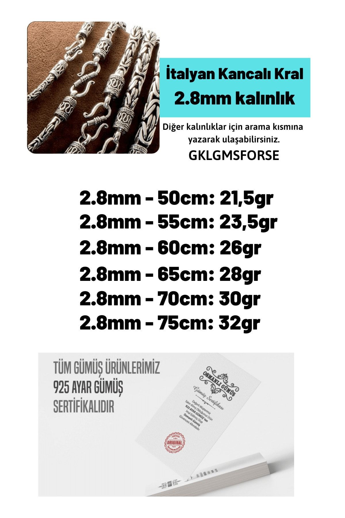2.8mm Italyan Kancalı Kral Model 925 Ayar Gümüş Kolye Zincir