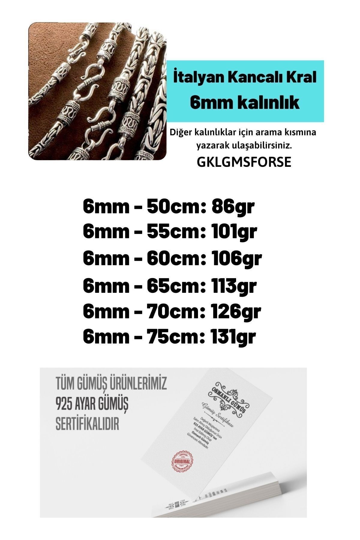 6mm Italyan Kancalı Kral Model 925 Ayar Gümüş Kolye Zincir