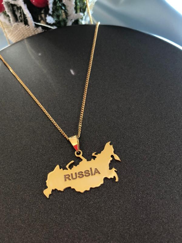 Kadın Gümüş Kolye - Rusya (RUSSİA) Haritası Bayrağı Gold Renk 925 Ayar Gümüş Ülke Kolye