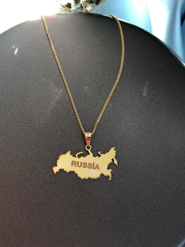Kadın Gümüş Kolye - Rusya (RUSSİA) Haritası Bayrağı Gold Renk 925 Ayar Gümüş Ülke Kolye