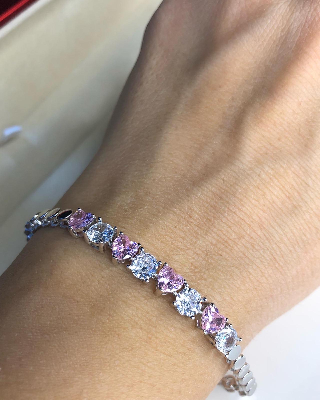 Swarovskix Pembe Kalp Taşlı Gümüş • Işıklı Kutuda • Sevgiliye • Eşe • Hediye Bileklik 