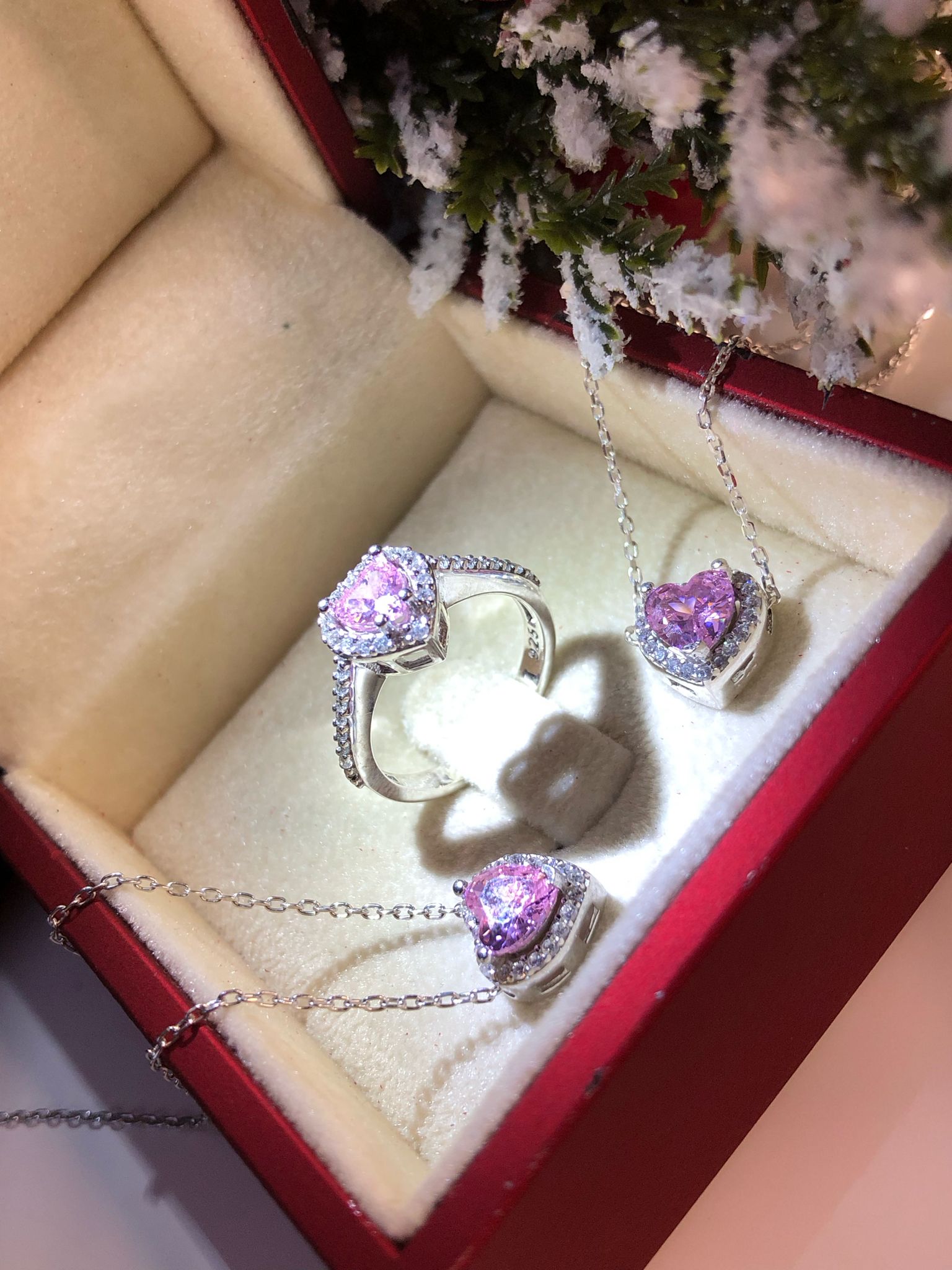 Pembe Kalp 3’Lü Set 925 Ayar Gümüş Sevgiliye • Eşe • Anneye • Arkadaşa Hediye Kolye 3’Lü Set
