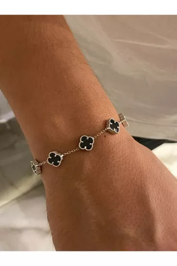 Erkek Kadın Gümüş Bileklik - Yonca Model 5’Li Siyah Oniks Taşlı Unisex Gümüş • Işıklı Kutuda • Sevgiliye • Eşe • Anneye Bileklik