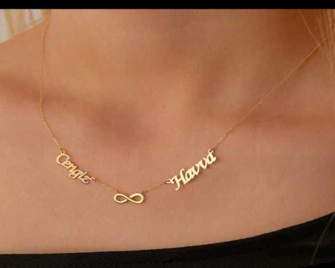 Vog Kişiye Özel 2’Li İsim Kalp V Sonsuluk 14 Ayar (585) Yeşil Altın Sevgiliye,Eşe,Anneye Kolye