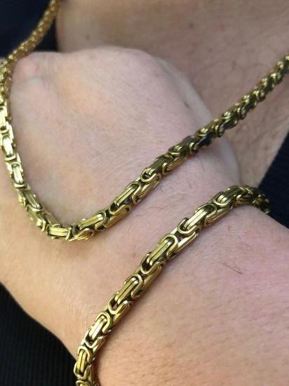 4.5mm Sarı Altın Kral Erkek Çelik Set • Işıklı Kutuda • Sevgiliye • Eşe • Babaya Bileklik Kolye