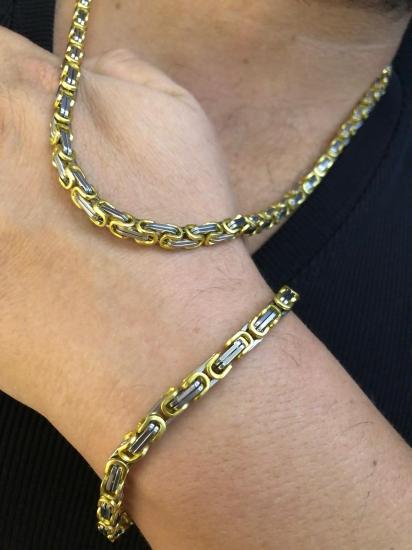 5mm Kral Erkek Çelik Sarı Beyaz Set • Işıklı Kutuda • Sevgiliye • Eşe • Babaya Bileklik Kolye