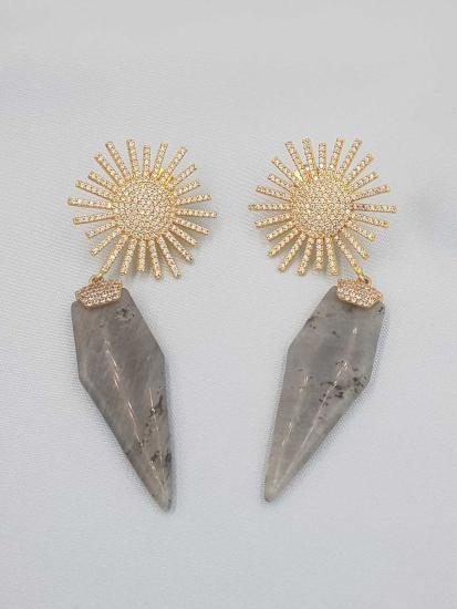 Vog İthal İtalyan Tasarım Güneş Figürlü Kuars Doğal Taşlı Sevgiliye,Anneye,Eşe,Arkadaşa Gümüş Küpe