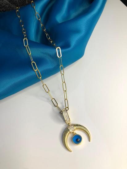 Altın Tasarım Nazar Boncuklu Hilal  Ema Çağla 925 Ayar Gümüş Sevgiliye Eşe Kolye