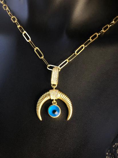 Altın Tasarım Nazar Boncuklu Hilal  Ema Çağla 925 Ayar Gümüş Sevgiliye Eşe Kolye